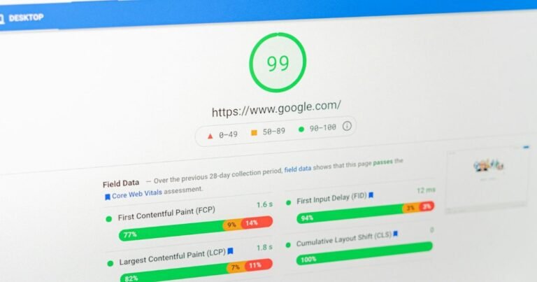 Computer screen showing a website speed score of 99