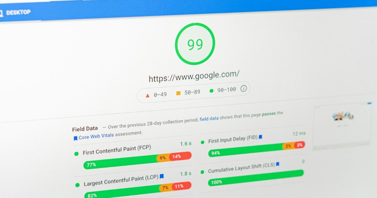 Computer screen showing a website speed score of 99